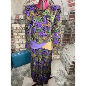 dress long sleeve floral drop waist ultra suede purple green tan